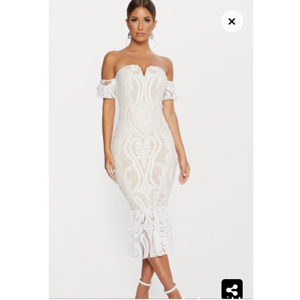 White Bardot Lace Frill Hem Midi Dress